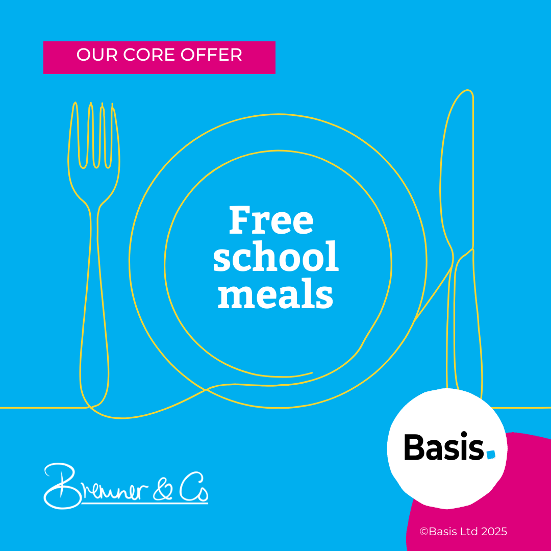 Graphic on a blue background featuring line art of a plate, fork, and knife with text reading Free school meals